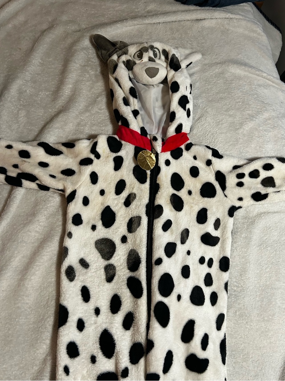 Dalmatian Hooded Kids One-Piece Bodysuit in Black & White with Red Collar